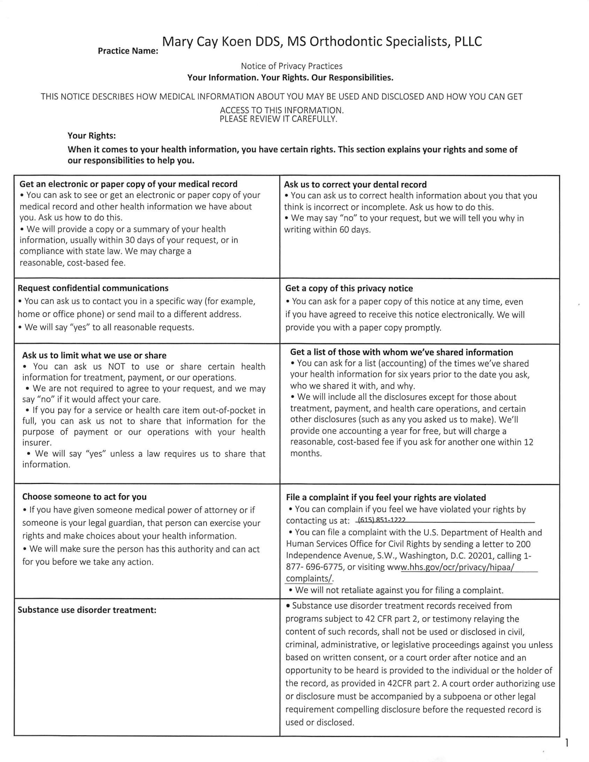 HIPAA notice page 1